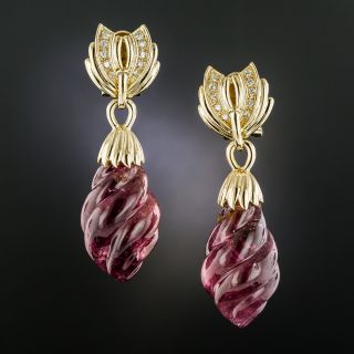 Carved Pink Tourmaline and Diamond Drop Earrings - 2
