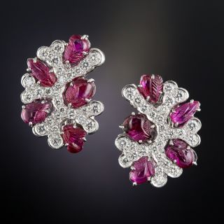 Carved Ruby, Diamond and Platinum Ear Clips