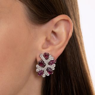 Carved Ruby, Diamond And Platinum Ear Clips