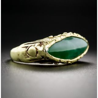 Chinese Art Nouveau Natural Burmese Jade Navette Ring