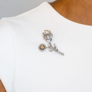 Cognac Diamond And Pearl Flower Brooch