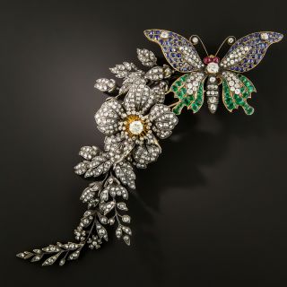 Colossal Victorian En Tremblant Butterfly and Flower Brooch  - 2
