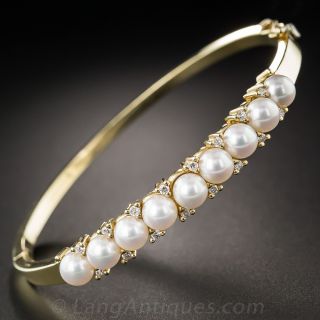 Contemporary Cultured Pearl and Diamond Bangle Bracelet