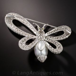 Contemporary Pearl and Diamond Butterfly Brooch