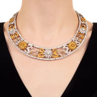 Contemporary Yellow and White Diamond Flower Collar, 33.00 Carats