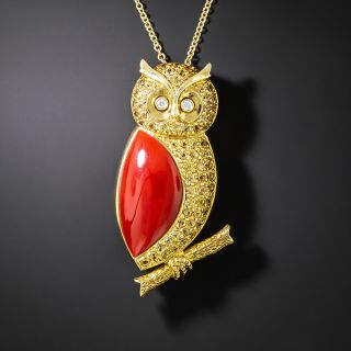 Coral, Golden Sapphire and Diamond Owl Pendant/Pin - 2
