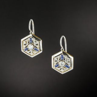 Early-Art Deco Diamond and Sapphire Hexagonal Earrings  - 2