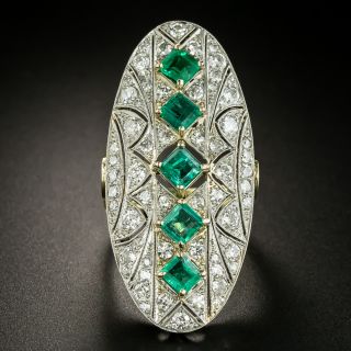 Art Deco Long Oval Emerald and Diamond Ring - 3