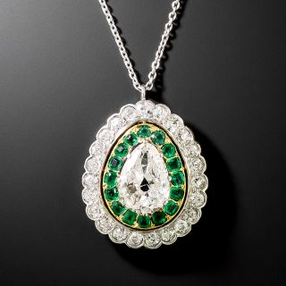 Edwardian .95 Carat Pear-Shaped Diamond And Emerald Pendant - 2
