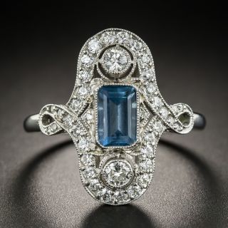 Art Deco Style Aquamarine Platinum Diamond Dinner Ring - 2