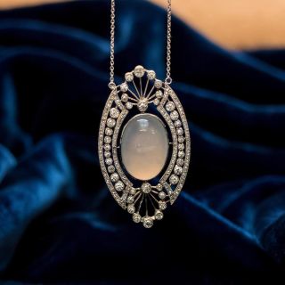 Edwardian Blue Chalcedony and Diamond Pendant Necklace