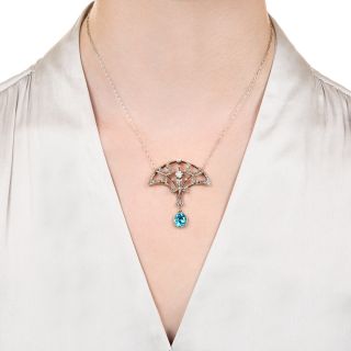 Edwardian Blue Zircon and Diamond Pendant Necklace