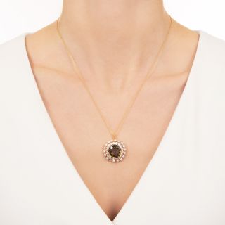 Edwardian Chrysoberyl, Diamond and Natural Pearl Halo Pendant
