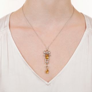 Edwardian Citrine and Diamond Pendant Necklace