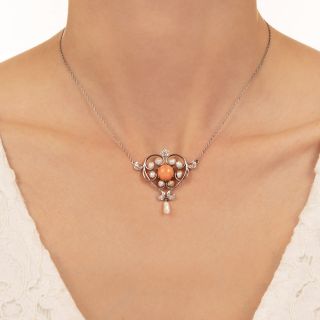 Edwardian Coral and Natural Pearl Stylized Heart Necklace