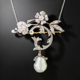 Edwardian Diamond and Baroque Pearl Necklace/Brooch - 2