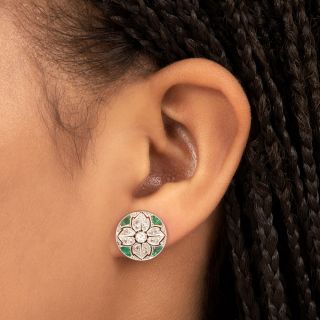 Edwardian Diamond and Emerald Ear Studs