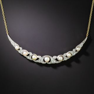 Edwardian Diamond and Natural Pearl Crescent Necklace - 3
