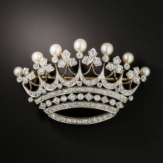 Edwardian Diamond and Natural Pearl Crown Brooch - 2
