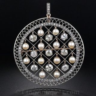 Edwardian Diamond and Natural Pearl Disc Pendant/Brooch - 4