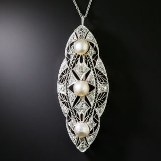 Edwardian Diamond and Natural Pearl Filigree Pendant/Brooch - GIA  - 3