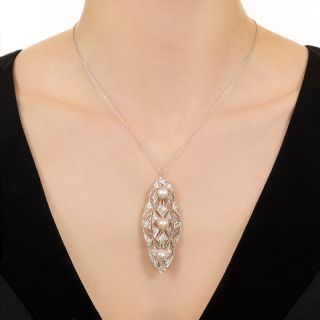 Edwardian Diamond and Natural Pearl Filigree Pendant/Brooch - GIA 