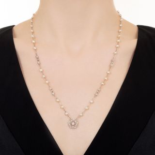 Edwardian Diamond And Natural Pearl Necklace 