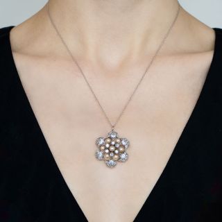Edwardian Diamond and Natural Pearl Snowflake Pendant/Brooch - GIA