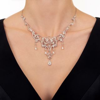 Edwardian Diamond and Pearl Bib Necklace