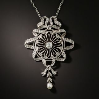 Edwardian Diamond and Pearl Bow and Ribbon Lavalière  - 2