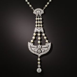 Edwardian Diamond and Natural Pearl Lavalière Necklace  - 1
