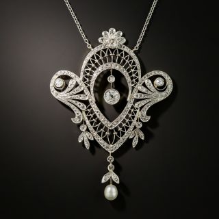 Edwardian Diamond Pearl Pendant Necklace - 2