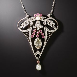 Edwardian Diamond, Ruby and Pearl Lavaliere - 2