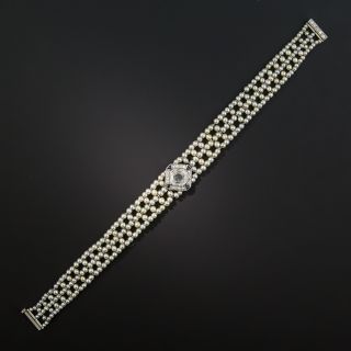 Edwardian / Early Art Deco Asscher-Cut Diamond and Natural Pearl Bracelet  - 3
