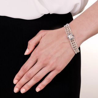 Edwardian / Early Art Deco Asscher-Cut Diamond and Natural Pearl Bracelet 