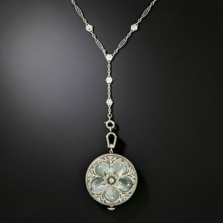 Edwardian Enamel And Diamond Pendant Watch Necklace - 4