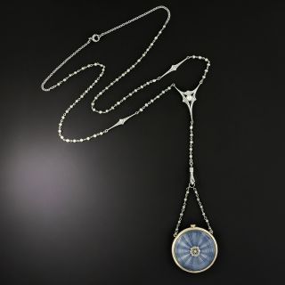 Edwardian Guilloché Enamel Pendant Watch With Diamond and Pearl Chain - 4