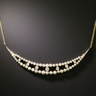 Edwardian Natural Pearl and Diamond Crescent Necklace - 2