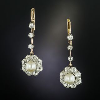 Edwardian Natural Pearl and Diamond Dangle Earrings - GIA - 2