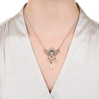 Edwardian Pearl, Aquamarine and Diamond Lavaliere Necklace