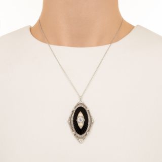 Edwardian Pearl, Diamond and Onyx Locket Necklace