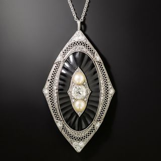 Edwardian Pearl, Diamond and Onyx Locket Necklace - 2