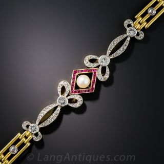 Edwardian Pearl, Ruby and Diamond (and Colorless Spinel) Bracelet - 1