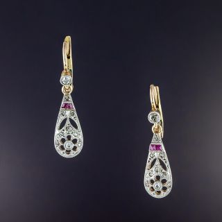Edwardian Petite Diamond and Synthetic Ruby Dangle Earrings - 2