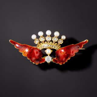 Edwardian Red Enamel, Diamond & Natural Pearl Wing Brooch - 2