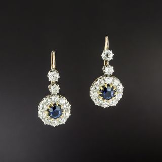 Edwardian Sapphire and Diamond Dangle Halo Earrings - 2