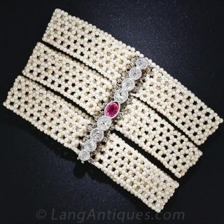 Edwardian Seed Pearl Bracelet with Ruby and Diamond Clasp - 1