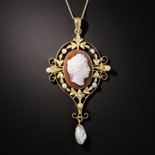 Edwardian Shell Cameo and Pearl Pendant - 2