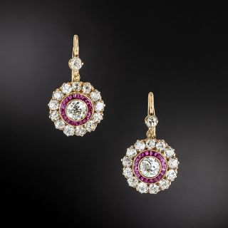 Edwardian-Style Diamond and Ruby Halo Cluster Earrings - 2