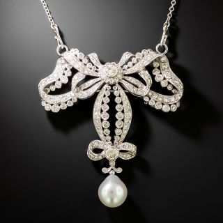 Edwardian-Style Diamond Bow with Pearl Drop Pendant/Brooch - 2